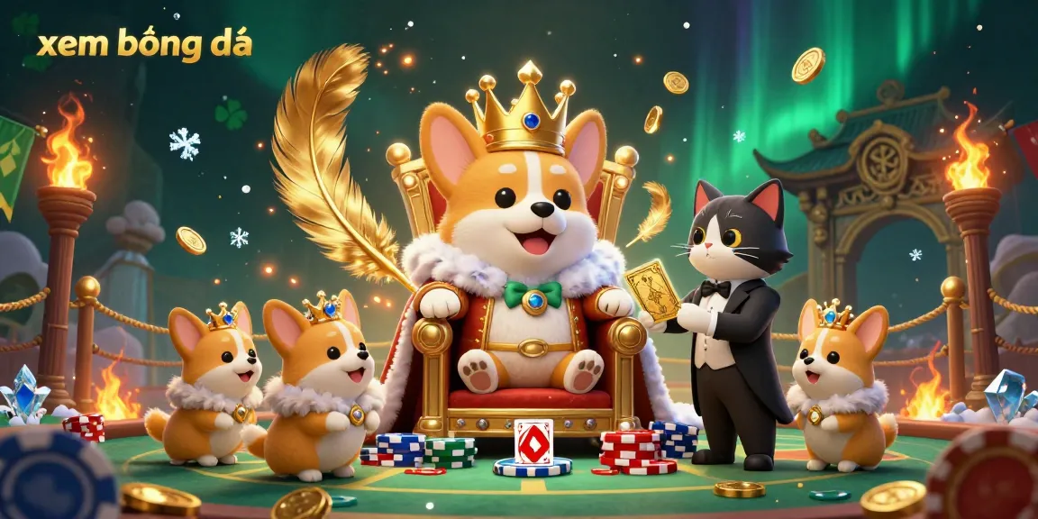 Xem bóng đá with royal corgi on poker chip throne and cat butler in dynamic casino scene.