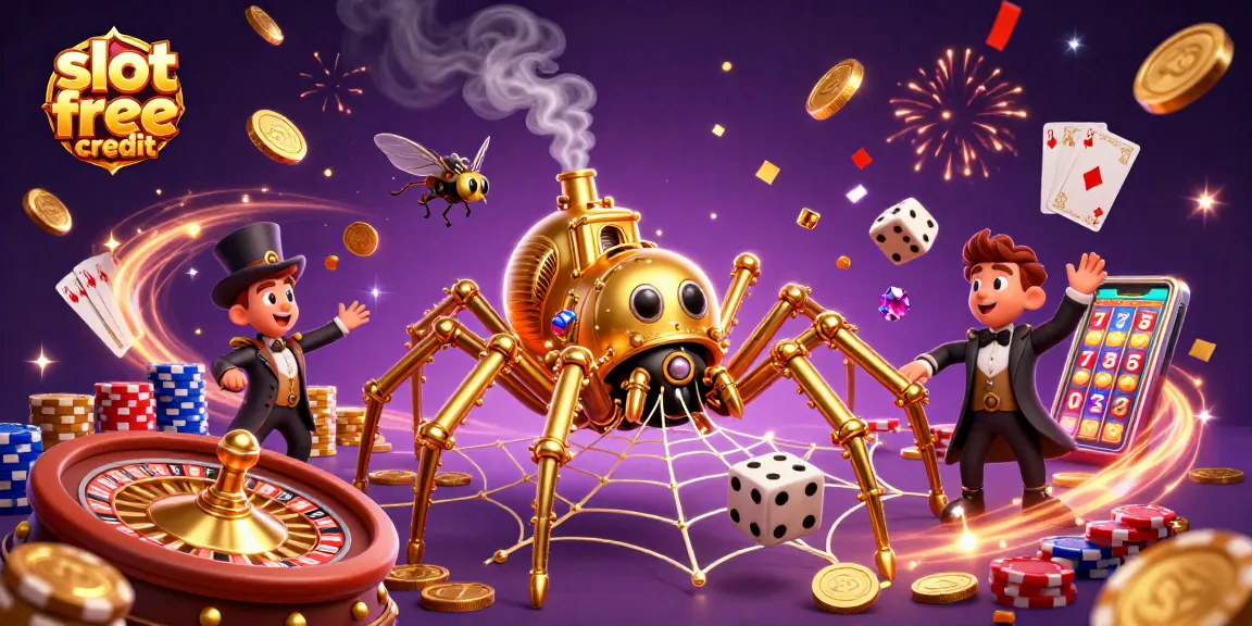 Win with slot free credit at captivating 3D casino scene showcasing vibrant game elements.