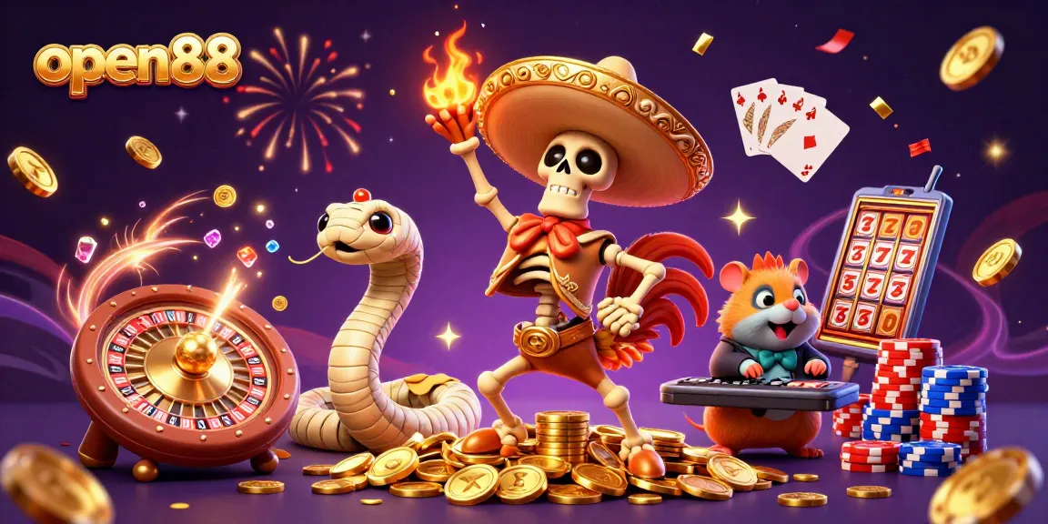 Experience the vibrant celebration of winning at open88 with a lively casino-themed illustration.
