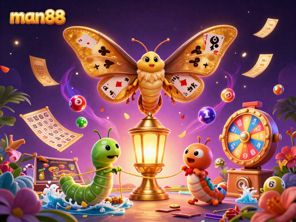 Experience the excitement of man88 with vibrant casino elements and animated lottery scenes in a captivating illustration.