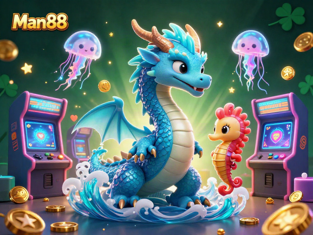 Win big with engaging games at Man88 featuring a spectacular azure dragon and seahorse knight.