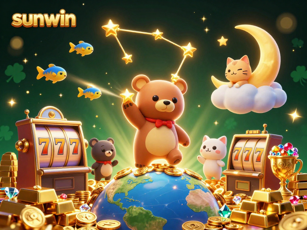 Sunwin casino scene with constellation bear, slot reels, and sparkling riches.