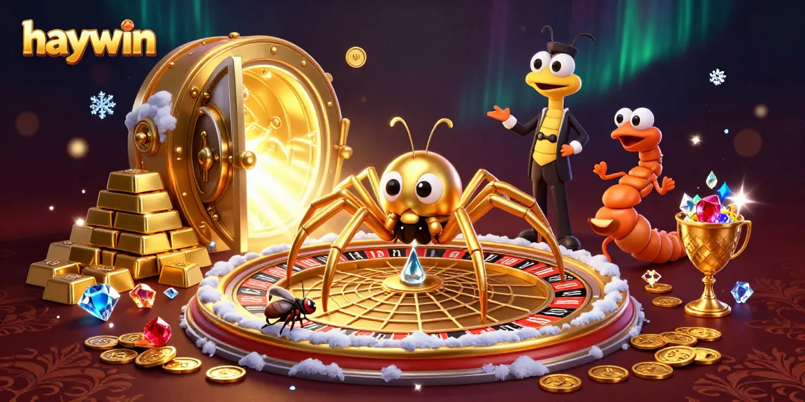 Play with haywin's thrilling casino games featuring a roulette wheel, croupier, and golden treasure!