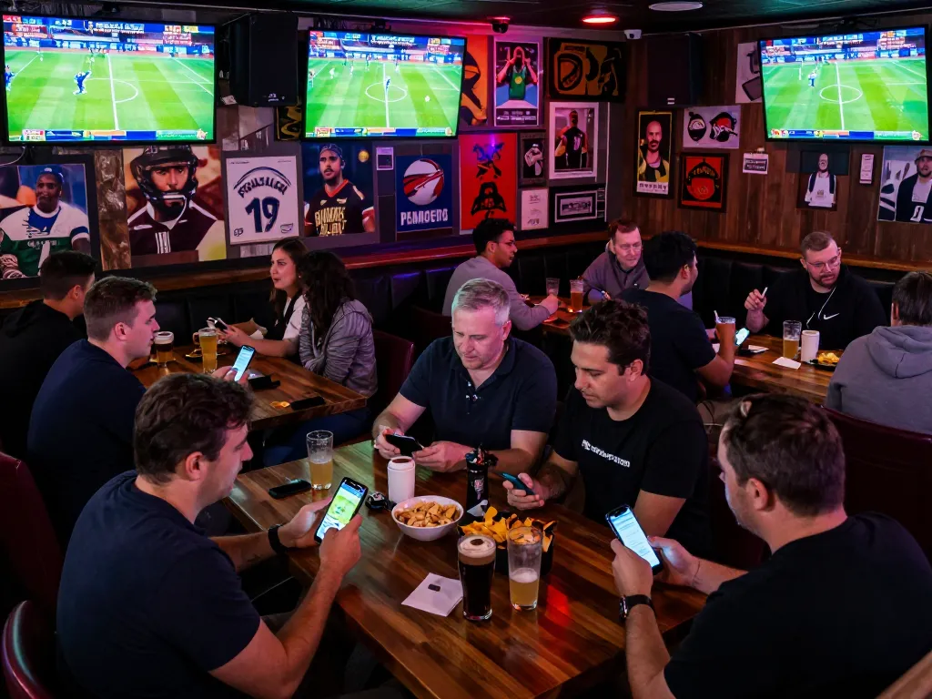 Kèo nhà cái hôm nay highlights sports betting excitement in a bustling bar with vibrant screens and engaged players.