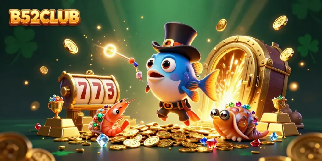 B52CLUB showcases a vibrant scene with an anglerfish and pirate shrimp collecting treasures in a casino setting.