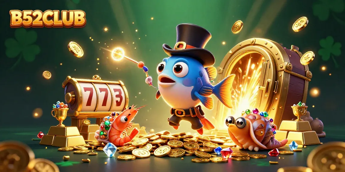 B52CLUB showcases a vibrant scene with an anglerfish and pirate shrimp collecting treasures in a casino setting.