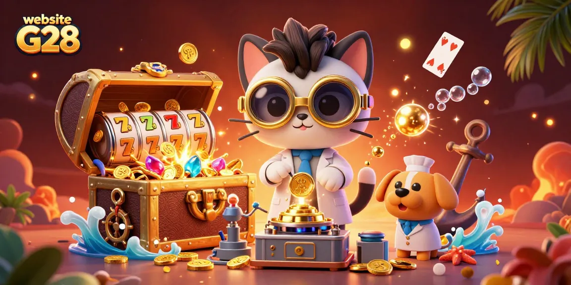 Spin and win on the vibrant website G28 as our mad scientist cat creates gold coins amid beautiful gaming symbols.