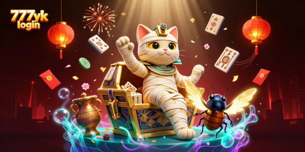 Experience excitement with 777yk login as a mummy cat and scarab companion burst into action in a vibrant casino scene.