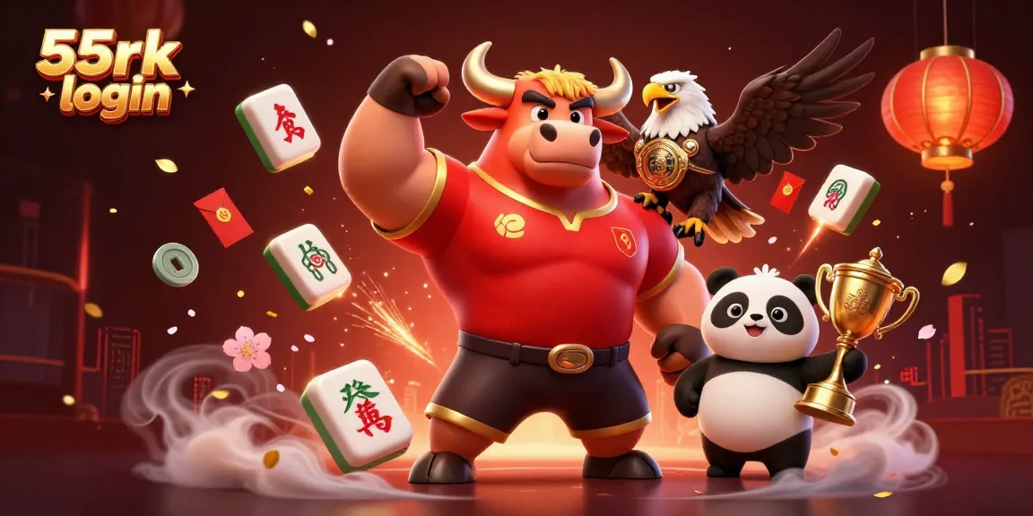 Win big with 55rk login in a vibrant scene filled with jubilant characters and classic gaming symbols.