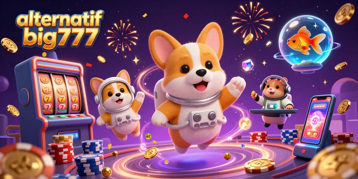 Play exciting slots with alternatif big777; whimsical casino scene with floating gold coins and vibrant characters.