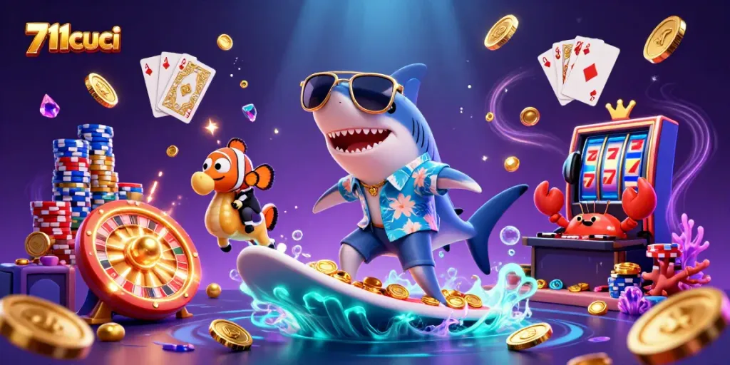 Engage in thrilling 711cuci games with colorful 3D characters and vibrant casino elements.