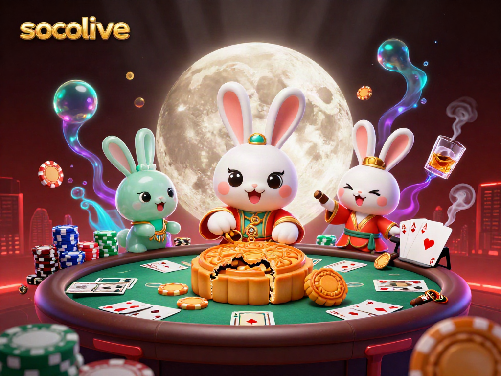 Socolive casino scene featuring a moon rabbit and poker elements, showcasing vibrant gaming dynamics.