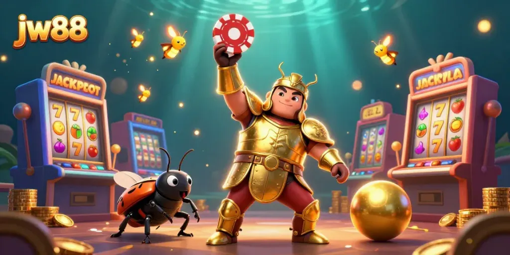 Spin the reels with jw88, showcasing a victory scene in a vibrant, packed casino environment.