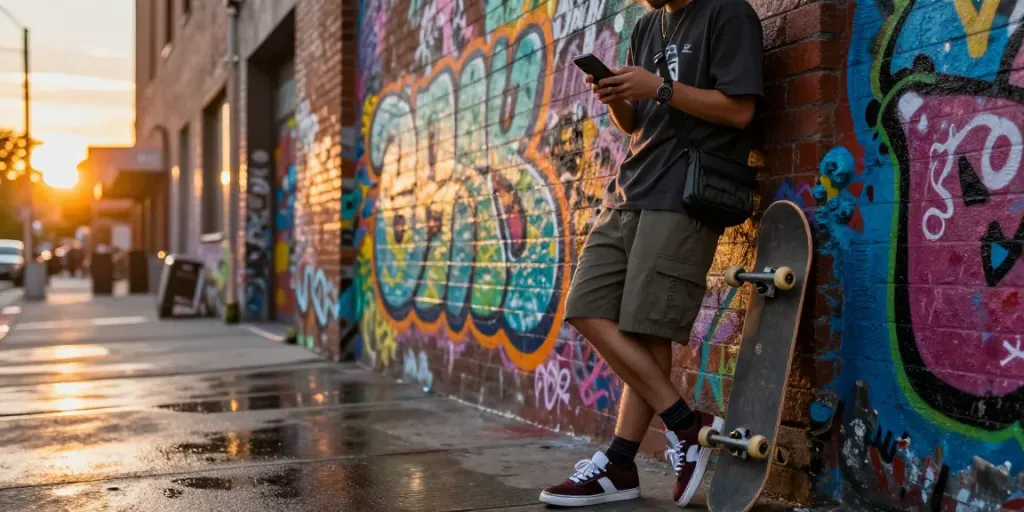 Gaya hidup urban di rokok88 dengan pemuda memegang smartphone di jalanan penuh mural