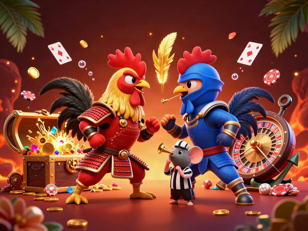 Experience thrilling zbet action with fighting roosters, golden treasure, and immersive casino elements.