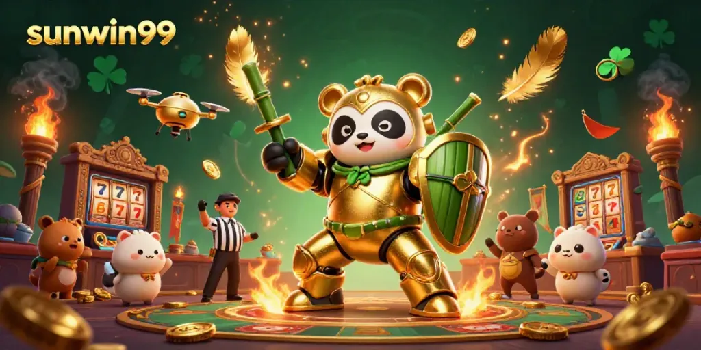 Experience thrilling gameplay with sunwin99 in a dynamic casino arena featuring a golden panda and vibrant game elements.