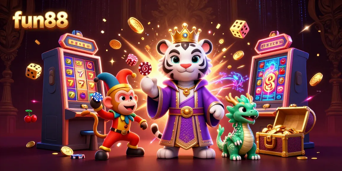 Experience fun88 with a dynamic casino scene featuring a majestic tiger and playful monkey themed for gambling excitement.