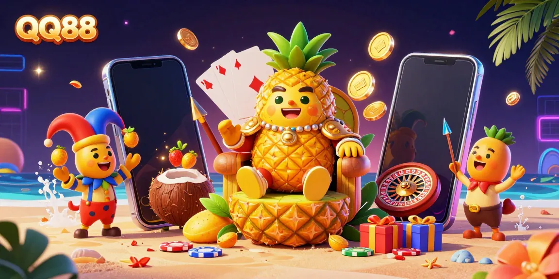 Experience the excitement at QQ88 with vibrant casino elements, featuring a pineapple king and lively jester.