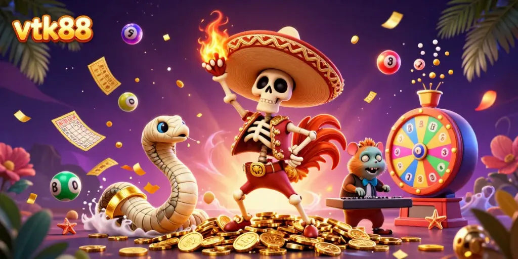 Engage with vtk88 by spinning the reels with vibrant characters celebrating on golden coins.