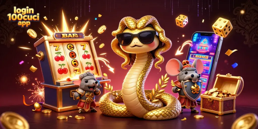 Join the excitement with the login 100cuci app, featuring a fun 3D illustration of Medusa, a warrior mouse, and vibrant casino elements.