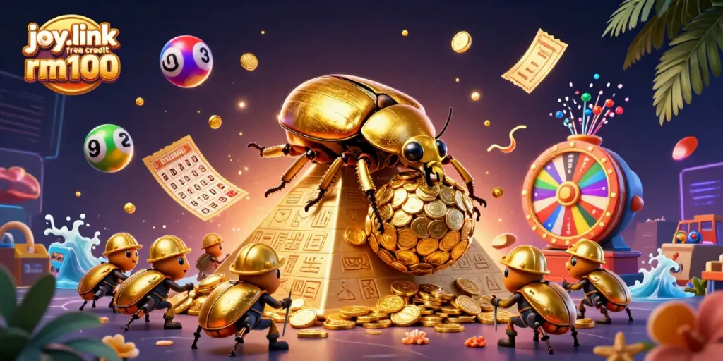 Claim joy.link free credit rm100 with vibrant lottery elements and golden treasures in a dynamic casino scene.