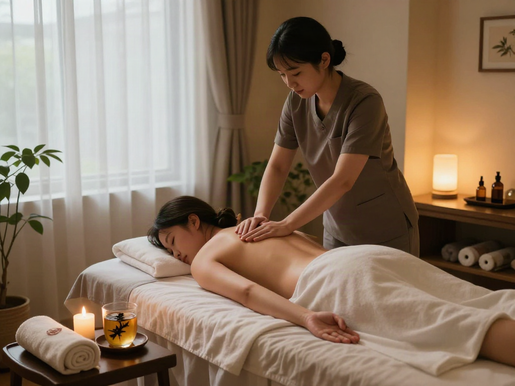 A tranquil spa scene highlighting a massage therapist providing 부평출장안마 to a client in a soothing atmosphere.
