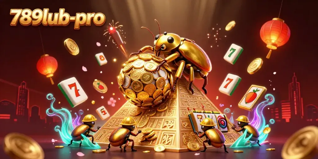 Experience the thrill of 789lub-pro's dynamic casino scene featuring golden beetles and lively slot elements.