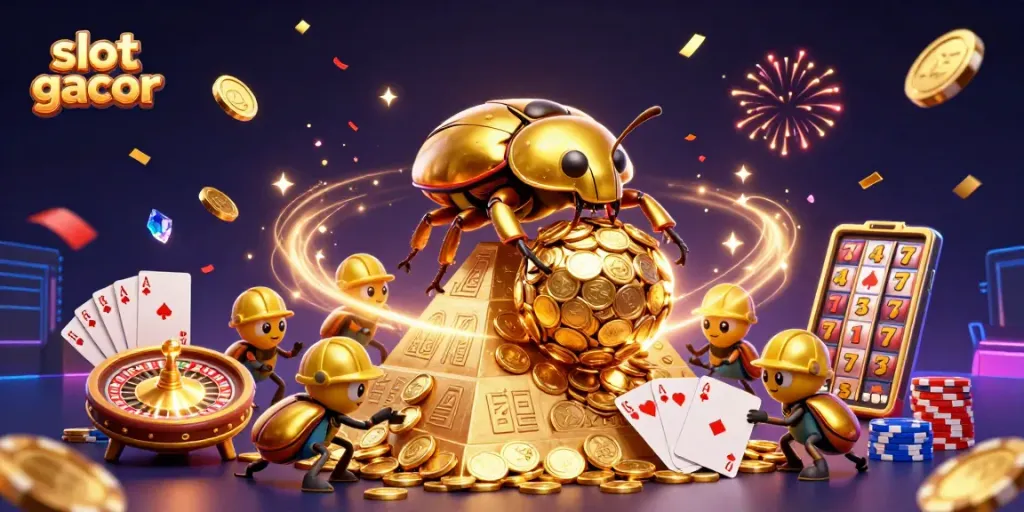 Tampilkan slot gacor dan jackpot dengan ilustrasi 3D menakjubkan dari uang koin emas dan simbol kasino.