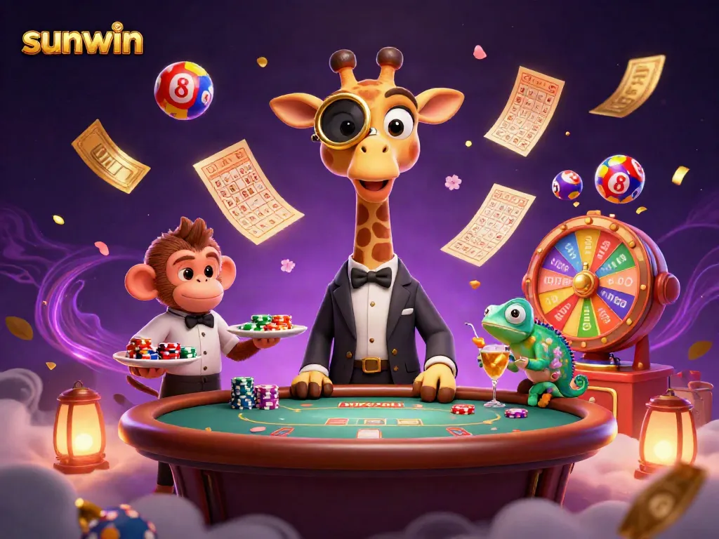 Experience thrilling wins with sunwin's vibrant gaming scene featuring a giraffe, monkey, and chameleon.