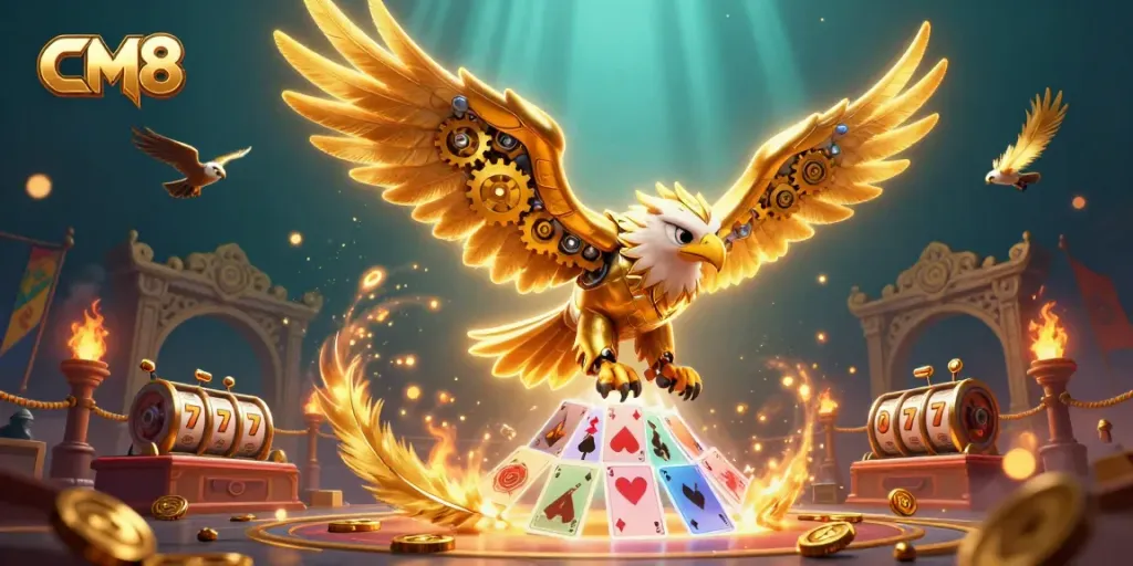 Engage with CM8's dynamic online casino scene featuring a cybernetic eagle amidst thrilling game elements.