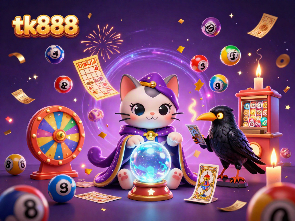 Engage in thrilling tk888 casino experiences with a vibrant scene of fortune tellers, lottery elements, and dynamic energies.