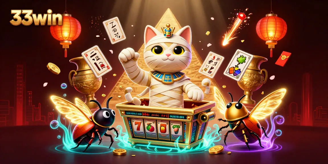 Experience excitement at 33win with a magical scene of a mummy cat and golden elements in an ancient pyramid casino.