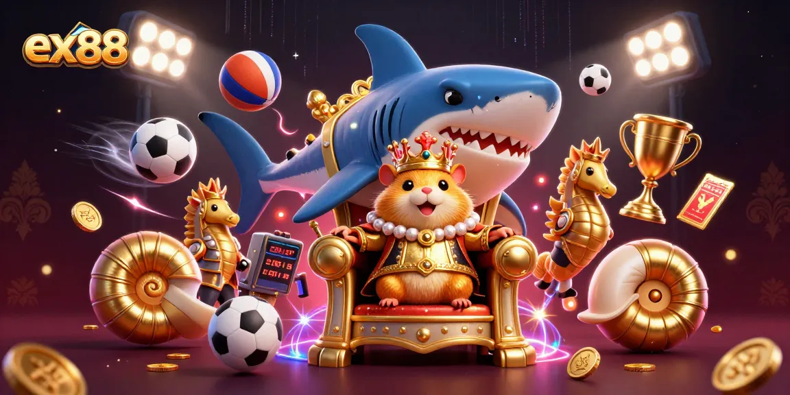Experience the excitement of ex88 gaming with this vibrant illustration featuring a golden hamster king surrounded by dynamic sports elements.