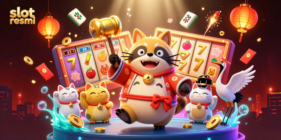 Experience the excitement of slot resmi with a cheerful tanuki and samurai crane, surrounded by vibrant casino elements.