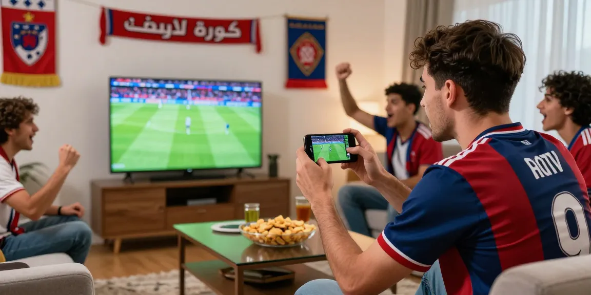 مباراة كورة لايف مباشرة مع مشجعين متحمسين في غرفة معيشة ممتلئة بتذكارات الفريق.