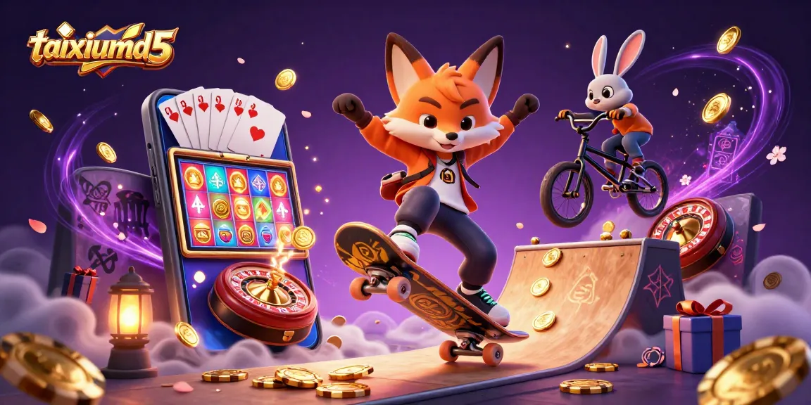 Join the excitement of taixiumd5 with a skateboarder fox and BMX rabbit in a vibrant casino scene.