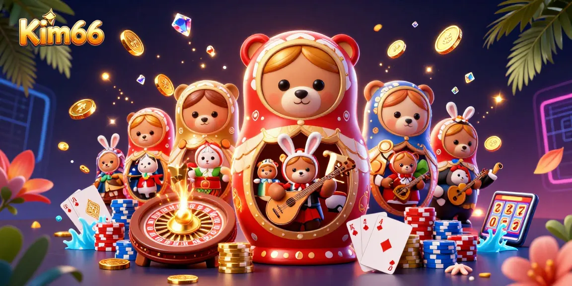 Experience Kim66 with dynamic casino elements, including Matryoshka bear dealers and vibrant slot games.