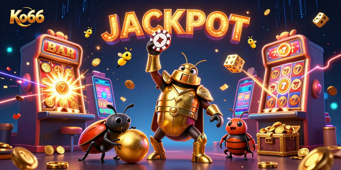 Win big with Ko66 at the casino, featuring an epic beetle in gladiator armor lifting a poker chip!