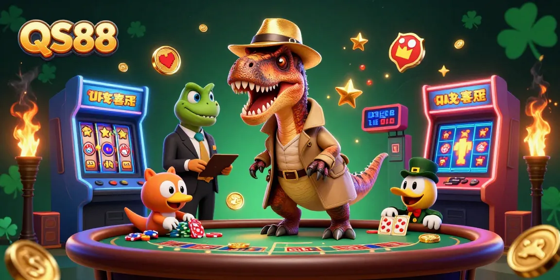 Get ready to win big with QS88 at a vibrant blackjack table, featuring a sneaky velociraptor and a vigilant pit boss.