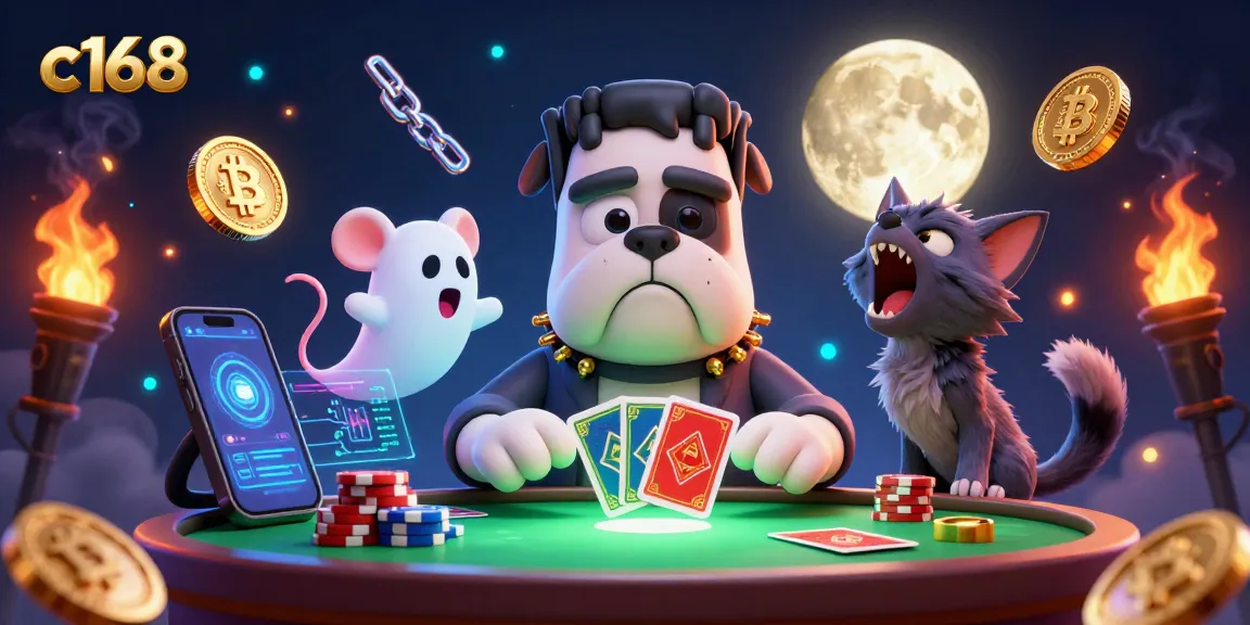 Experience high-stakes action at c168 with a 3D Frankenstein bulldog dealer surrounded by crypto coins.