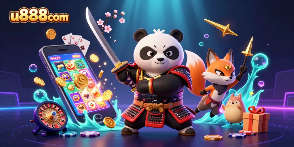 Immerse in the vibrant world of u888com with a samurai panda and ninja fox in a dynamic casino scene.