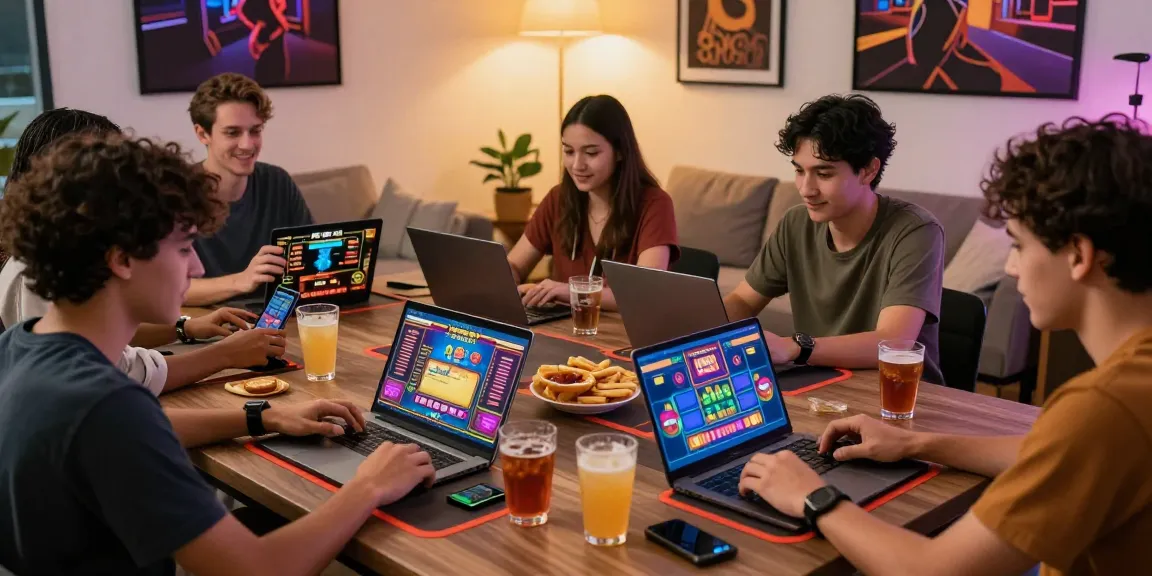 Friends enjoying Winbox Malaysia games in a lively online casino setting with colorful graphics and warm lighting.