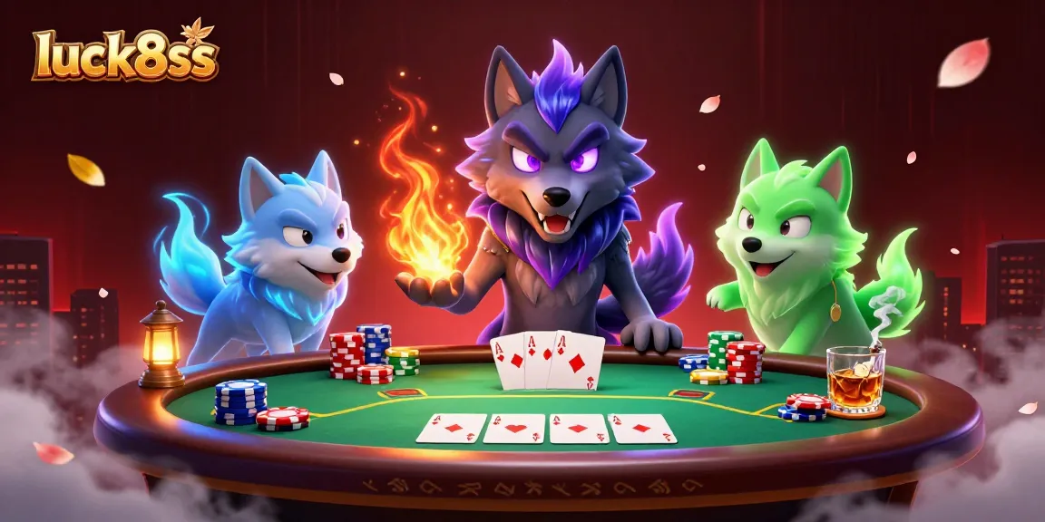 Experience the thrill of luck8ss with glowing wolf leaders and poker action in a vibrant casino scene.