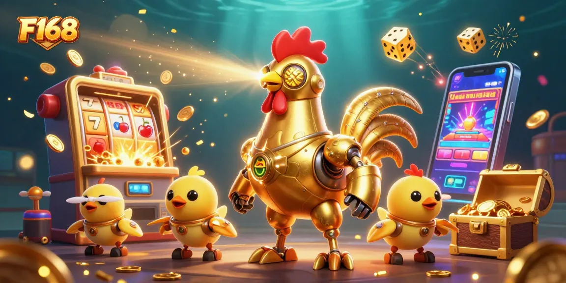 F168 showcases a thrilling slot machine jackpot scene with laser-shooting rooster robot and baby chick drones.