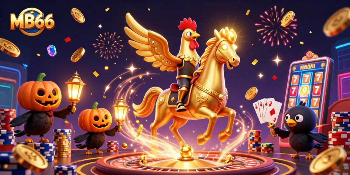 Experience the excitement of MB66 Casino as a golden rooster leads the way through a vibrant gaming world.
