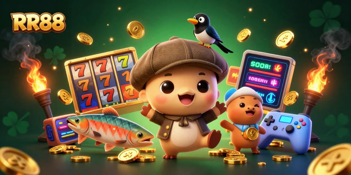 Engage with RR88 through a whimsical 3D illustration showcasing a cute Loch Ness monster and captivating slot gaming elements.