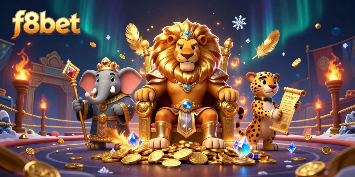 Engage with f8bet in a dynamic casino setting featuring a lion king, elephant advisor, and cheetah messenger.