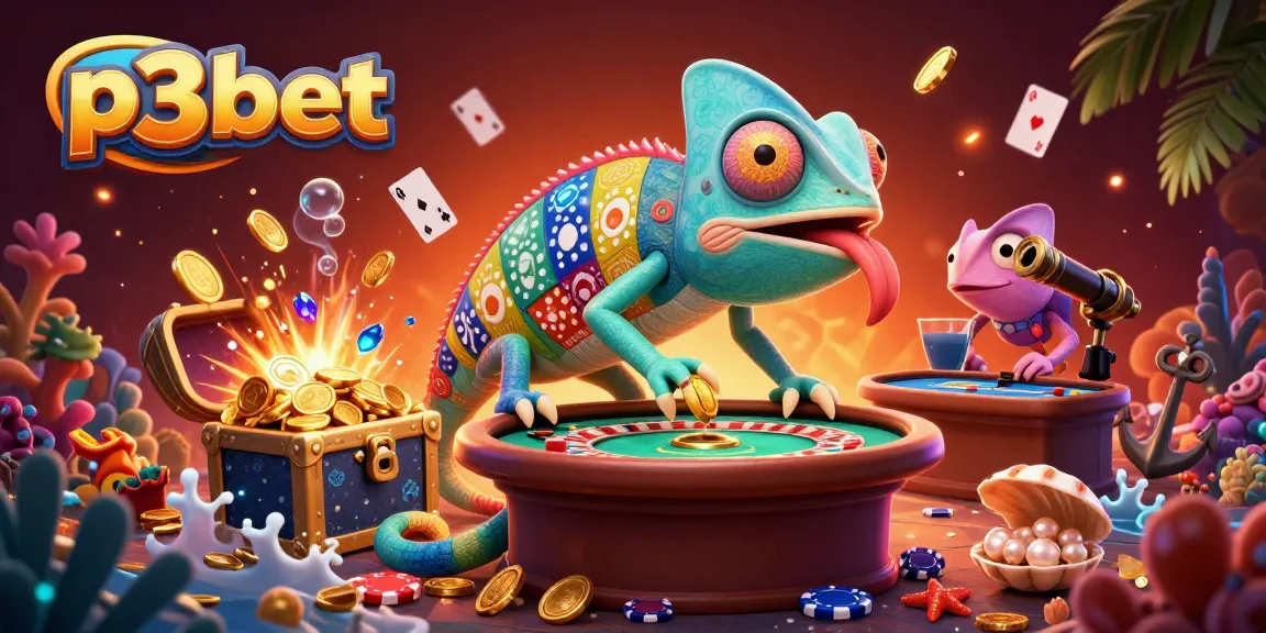 Experience thrilling action at p3bet with a vibrant chameleon casino scene surrounded by gaming treasures.