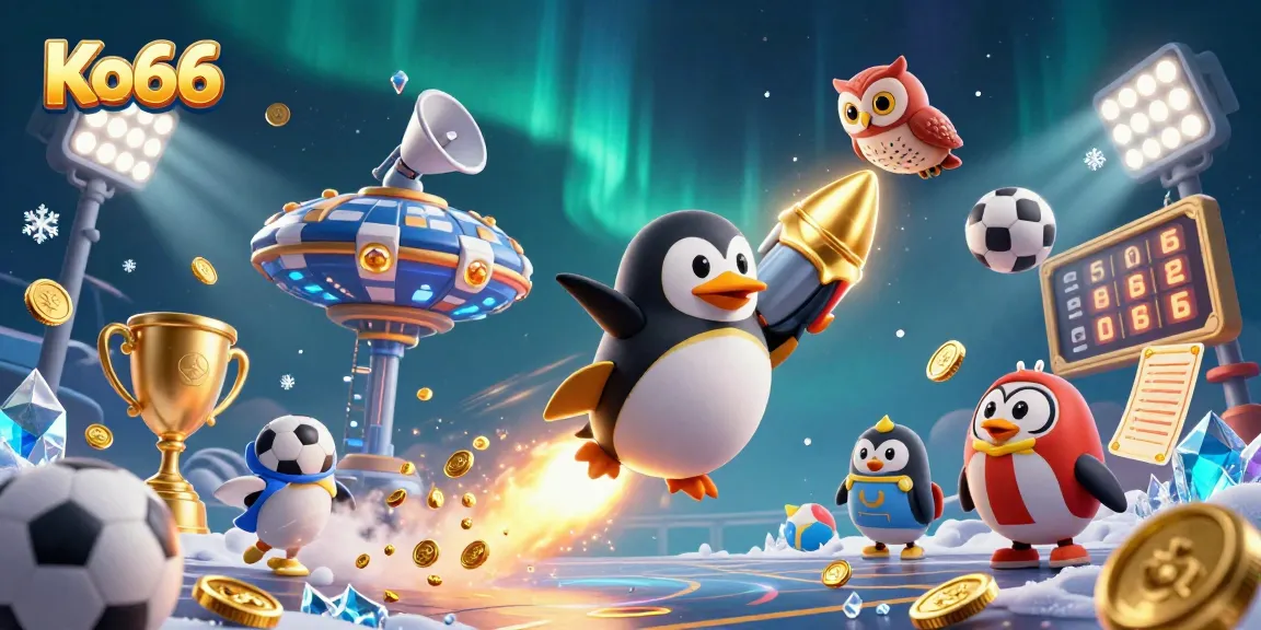 Experience the thrill of Ko66 as a golden penguin soars towards a casino in space.