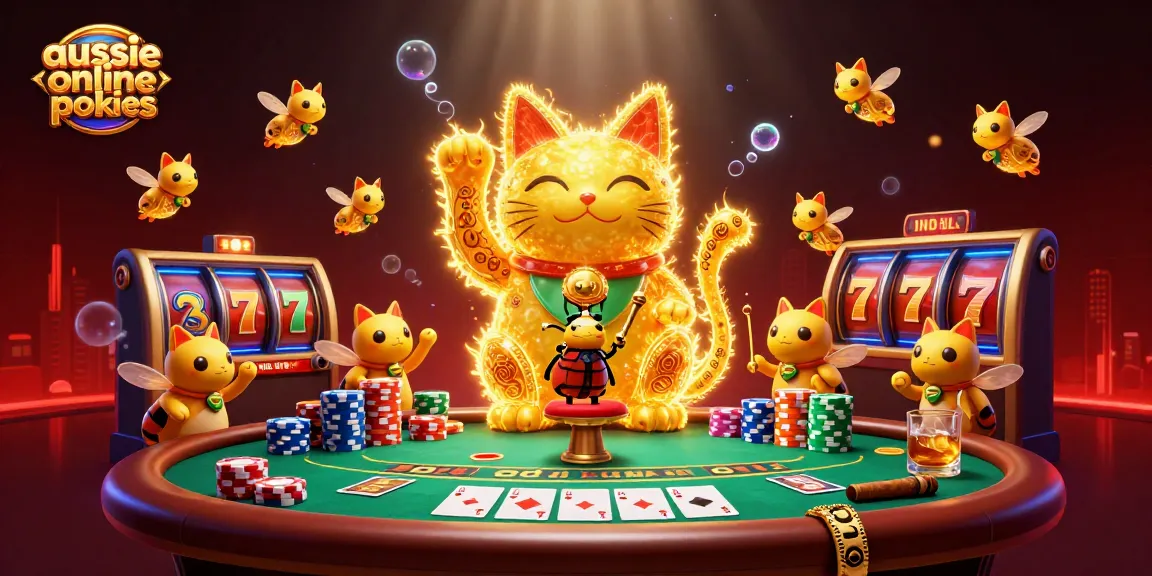Aussie online pokies feature a lucky cat and poker elements in a vibrant 3D casino scene.